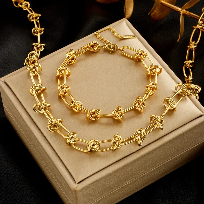 DIEYURO 316L Edelstahl Gold Silber Farbe Twist Knoten Halskette Armbänder Für Frauen Mädchen Neue Mode Lichtecht Schmuck Set