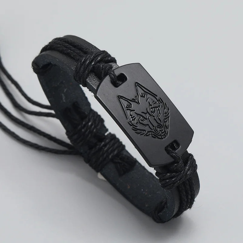 Punk Stil Schwarz Wolf Kopf Armbänder Multi-schicht Woven Leder Seil Armband Männer Mode Handgemachten Schmuck Großhandel