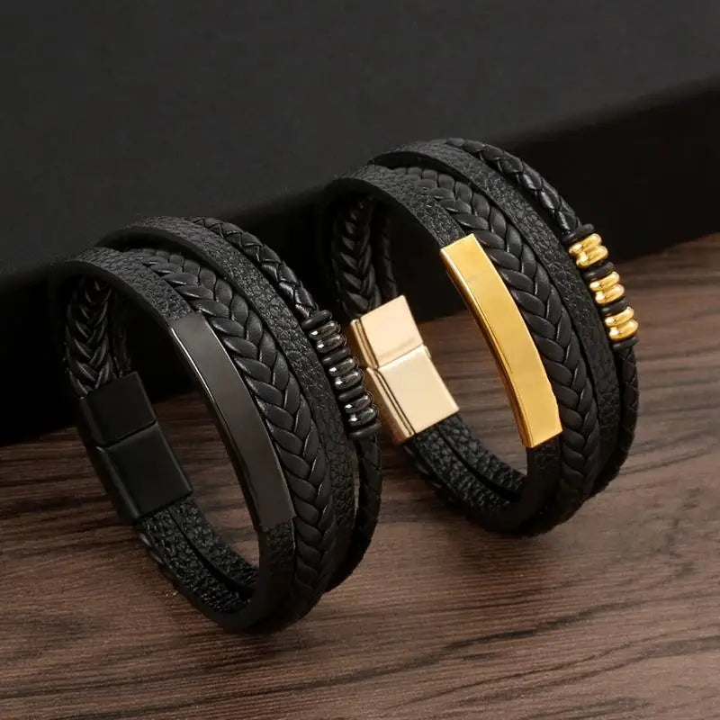 Punk Männer Leder armband mit Edelstahl Magnet verschluss geflochten mehr schicht ige Leder verpackung Armreifen Mann Schmuck Geschenk