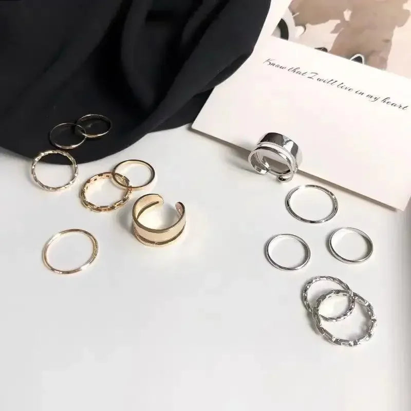 7Pcs Punk Einfache Ringe Set Silber Farbe Geometrische Hohl Breiten Ring Set frauen Vintage Joint Hiphop Finger Ringe schmuck Geschenke