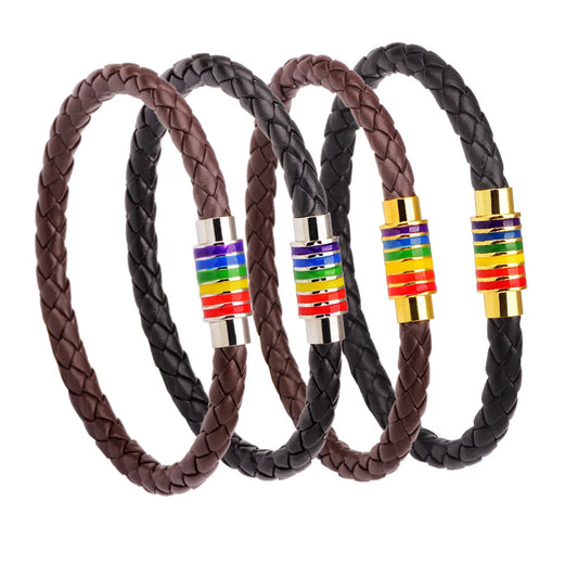 St.kunkka schwarz braun echtes geflochtenes Leder armband Frauen Männer Edelstahl Homosexuell Stolz Regenbogen Magnet Charms Armband Geschenk