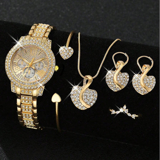 Damen Quarzuhr Gold Luxus Damen Ring Halskette Ohrring Strass Mode Armbanduhr Casual Damen Uhren Schmuckset