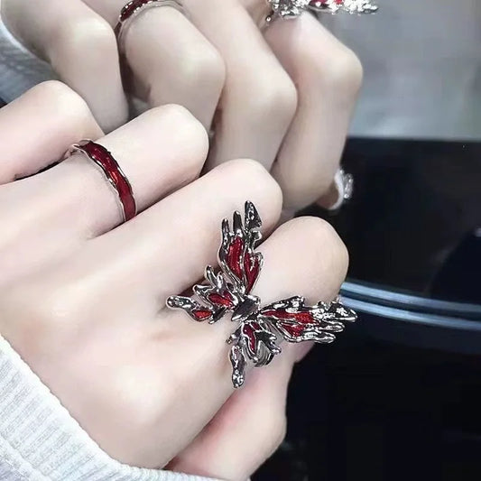 Gothic Punk Y2K Rote Flamme Ring Vintage Ästhetische Geometrische Unregelmäßige Metall Getriebe Öffnung Ringe für Frauen Männer Schmuck Zubehör
