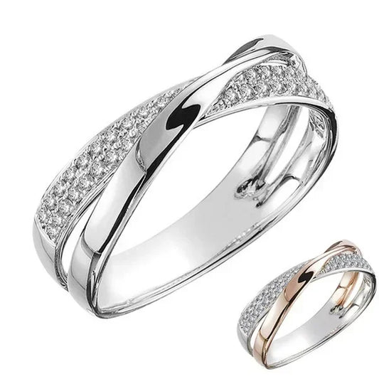 Klassischer zweifarbiger X-förmiger Kreuzring aus Edelstahl für Frauen, Hochzeit, trendiger Schmuck, schillernde Zirkon-Eheringe, moderne Ringe