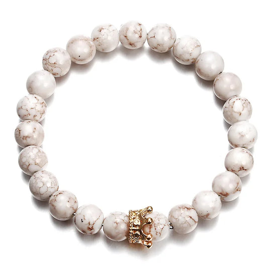8MM Weiß Kiefer Vulkanstein Armband Elastischen Faden Eingestellt Perle Neue Vulkanstein Krone Armband Für Frauen Männer Schmuck geschenk