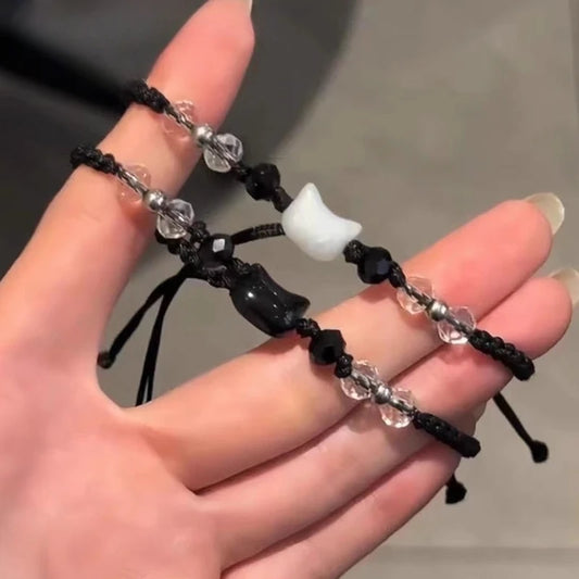 Süßes schwarz-weißes Kaninchen-Katzen-Armband, natürlicher Mondstein, Obsidian-Armbänder, Paar, minimalistisches Armband, handgefertigter Party-Schmuck, Geschenk