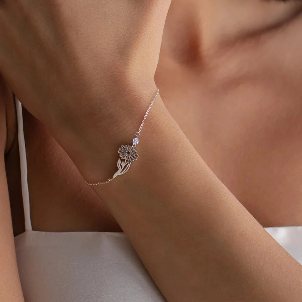 eManco Geburtstagsblume mit Geburtssteinen-Armbändern für Frauen, Edelstahl-Schmuck, individuelles Armband, personalisierte Geschenke für Freundin