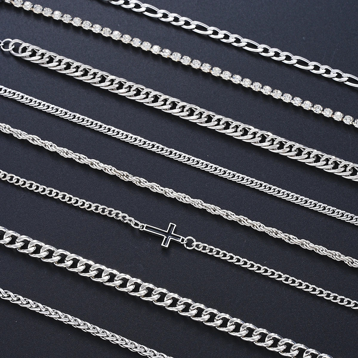 8Pcs Edelstahl Kreuz Kubanischen Armbänder Für Männer Frauen Punk Silber Farbe Kristall Twist Kette Armband Täglichen Verschleiß Mode