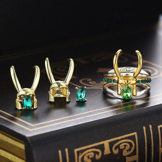 Loki Helm Schmuck Set Für Frauen Superheld Thor Loki Hörner Passenden Stud Ohrring Ring Set Cosplay Requisiten Mode Schmuck 2024