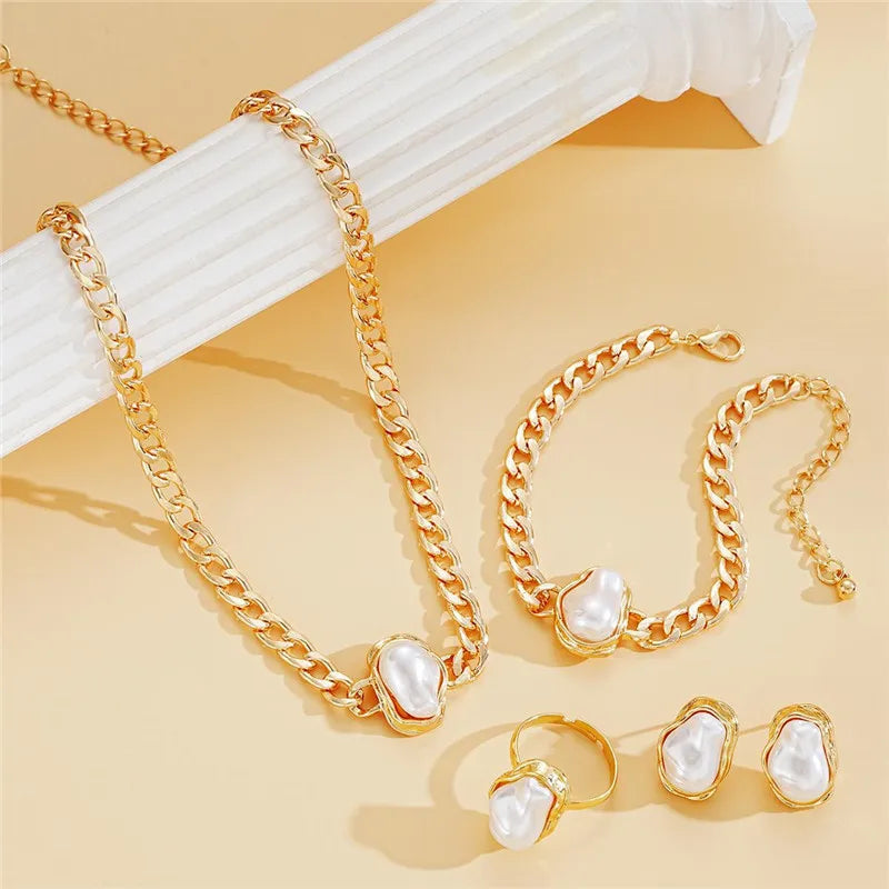 Gold Farbe Unregelmäßige Perle Offene Ringe Ohrringe Armband Halskette für Frauen Übertrieben Vintage Metall Schmuck Set Geschenke