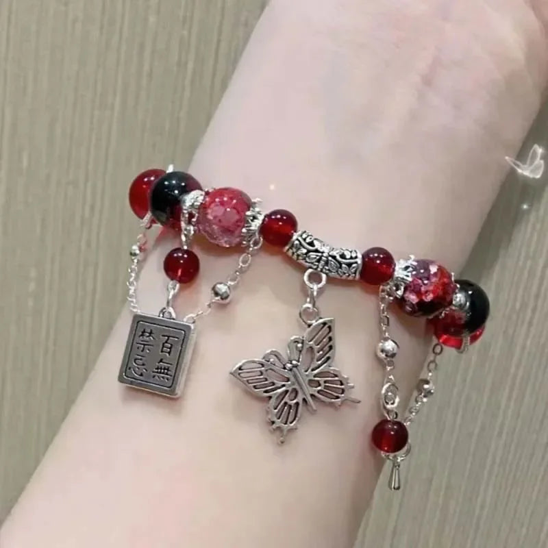2024 neue Trendy Rote Perlen Kette Armband für Frauen Einfache Hohl Schmetterling Anhänger Armbänder Schmuck Geschenke Zubehör