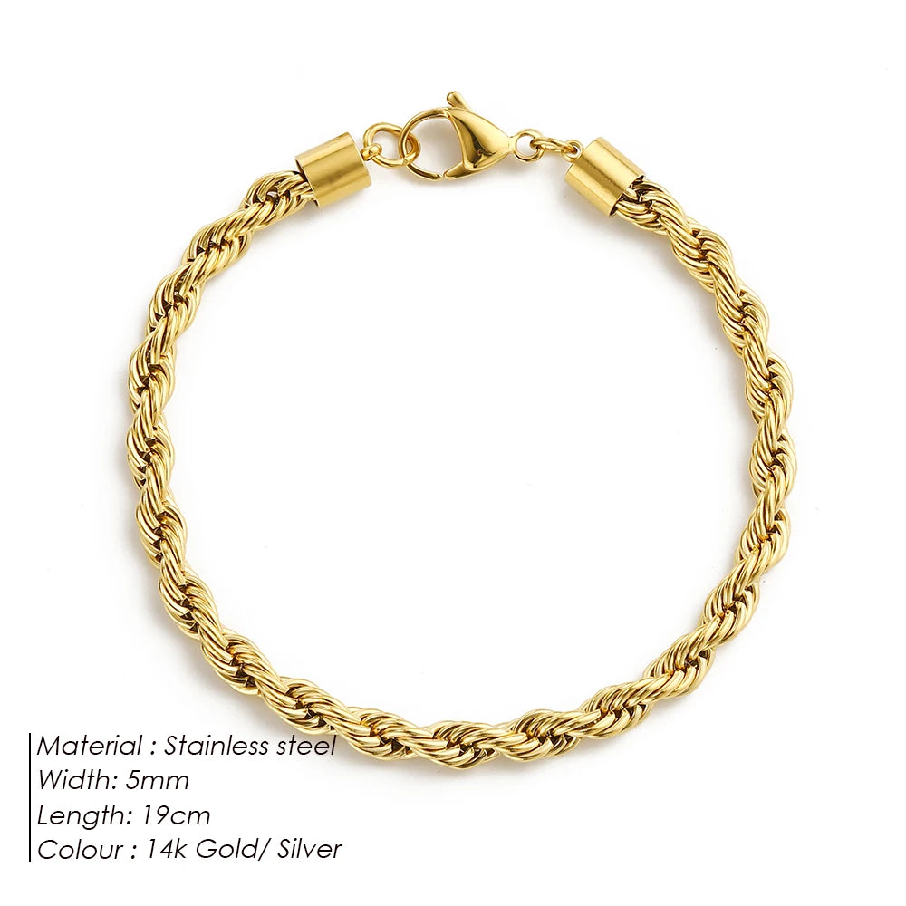 Emanco Edelstahl Twisted Rope Link Chain uneinstellbare Damen Hip Hop Punk 4mm Armbänder
