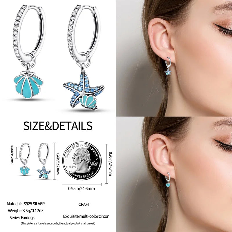 Leuchtende Muschel-Ohrringe für Damen, Original-Ohrringe aus 925er-Sterlingsilber, Pavé-CZ-Stern, Mond, Creolen, Verlobung, Hochzeit, Schmuck