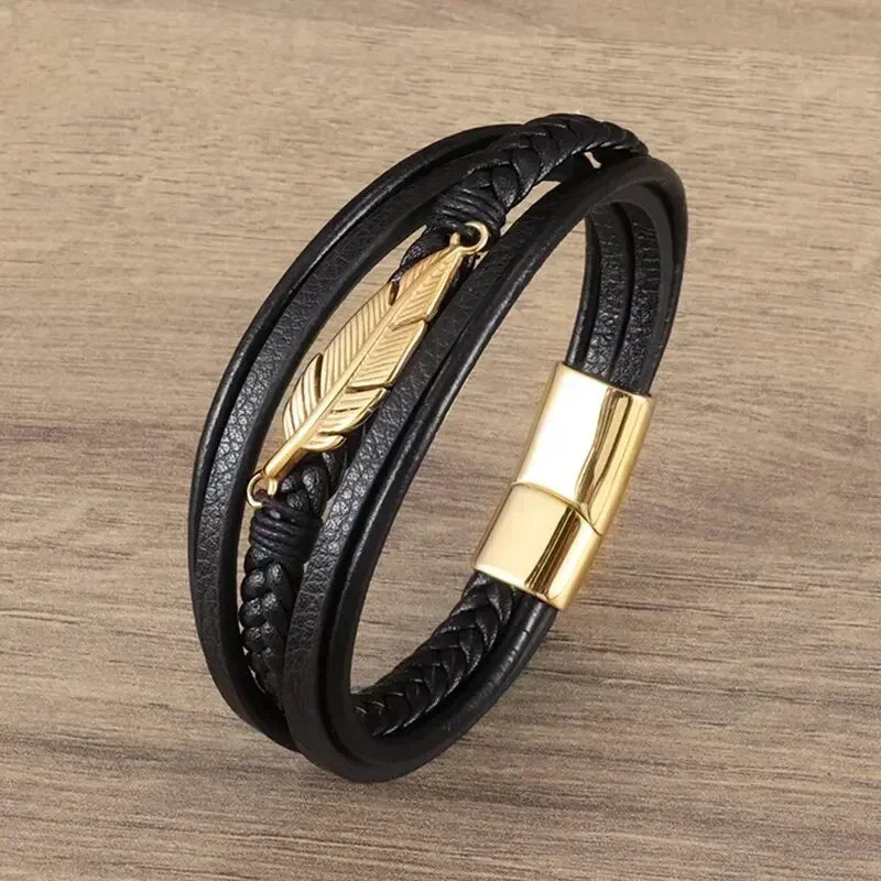 Klassisches einlagiges schwarzes handgewebtes Lederarmband mit Metall-Magnetverschluss, Herrenmode, Business-Schmuck, Geschenk