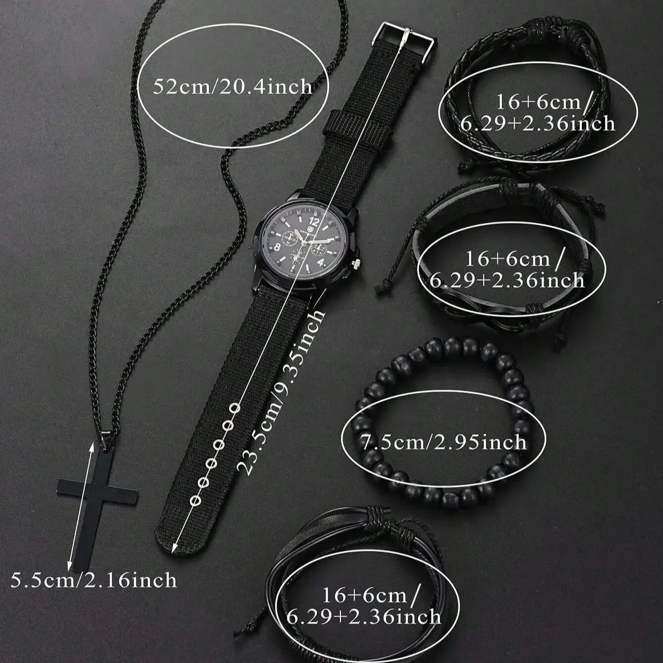 6pcs_Set Modisches Perlenarmband aus Pu-Leder in '8-Form mit mechanischer Uhr, Kreuz-Anhänger-Halskette für Herren, schwarz gefärbt