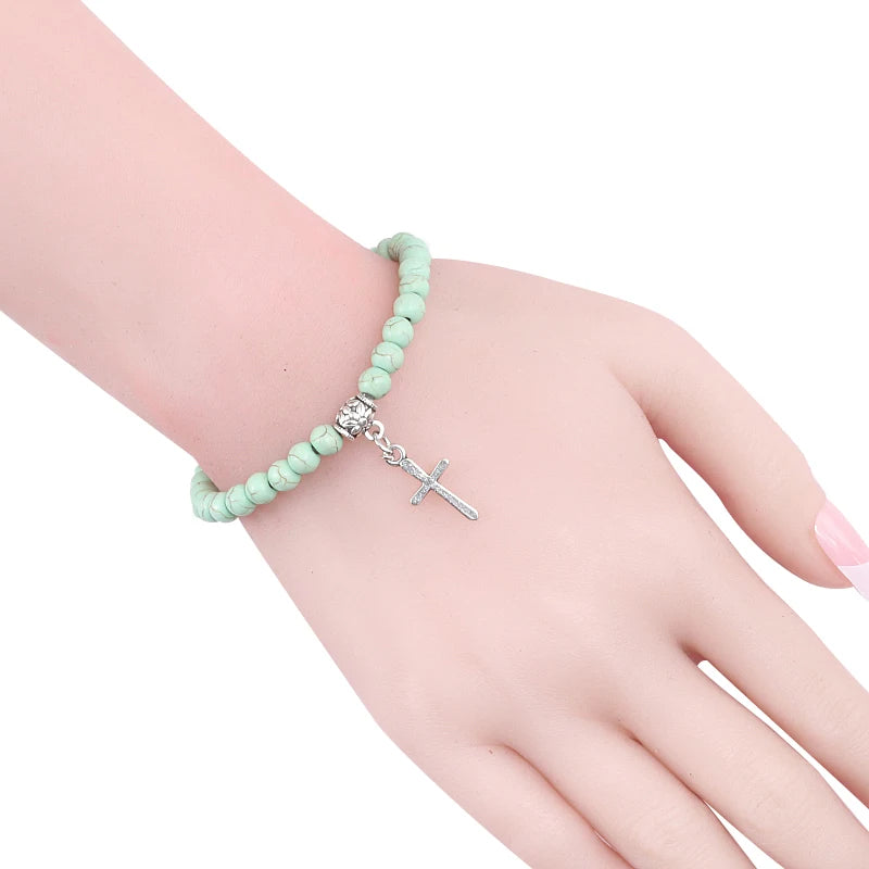 Neue Kreuz Anhänger Armbänder Männer Naturstein 6mm mattschwarz Yoga Strang Kette Vintage böhmischen Schmuck für Frauen Mode Geschenke