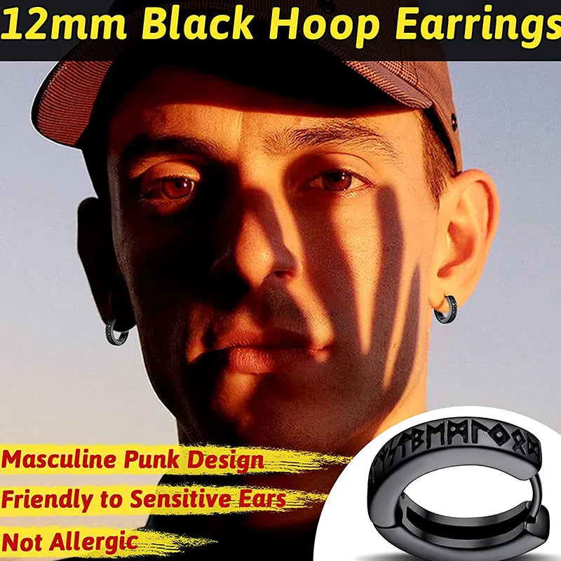 Norwegische Wikinger-Rune-Creolen aus Edelstahl für Männer und Frauen, Unisex, 12 mm, Huggie-Creolen, religiöser Ohrring-Schmuck