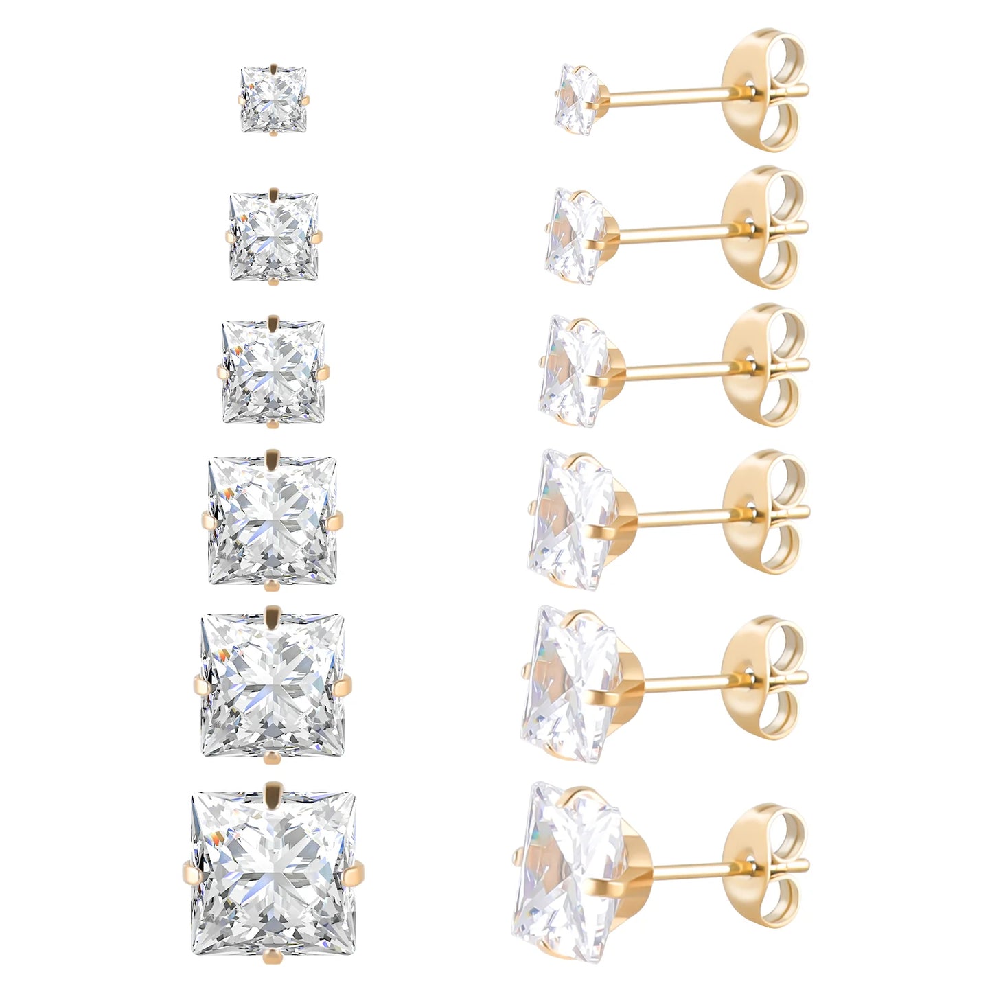6-teiliges Ohrstecker-Set aus Edelstahl mit Schraubverschluss, vergoldet, Herz, Stern, quadratisch, Prinzessinnenschliff, rund, Zirkonia, CZ