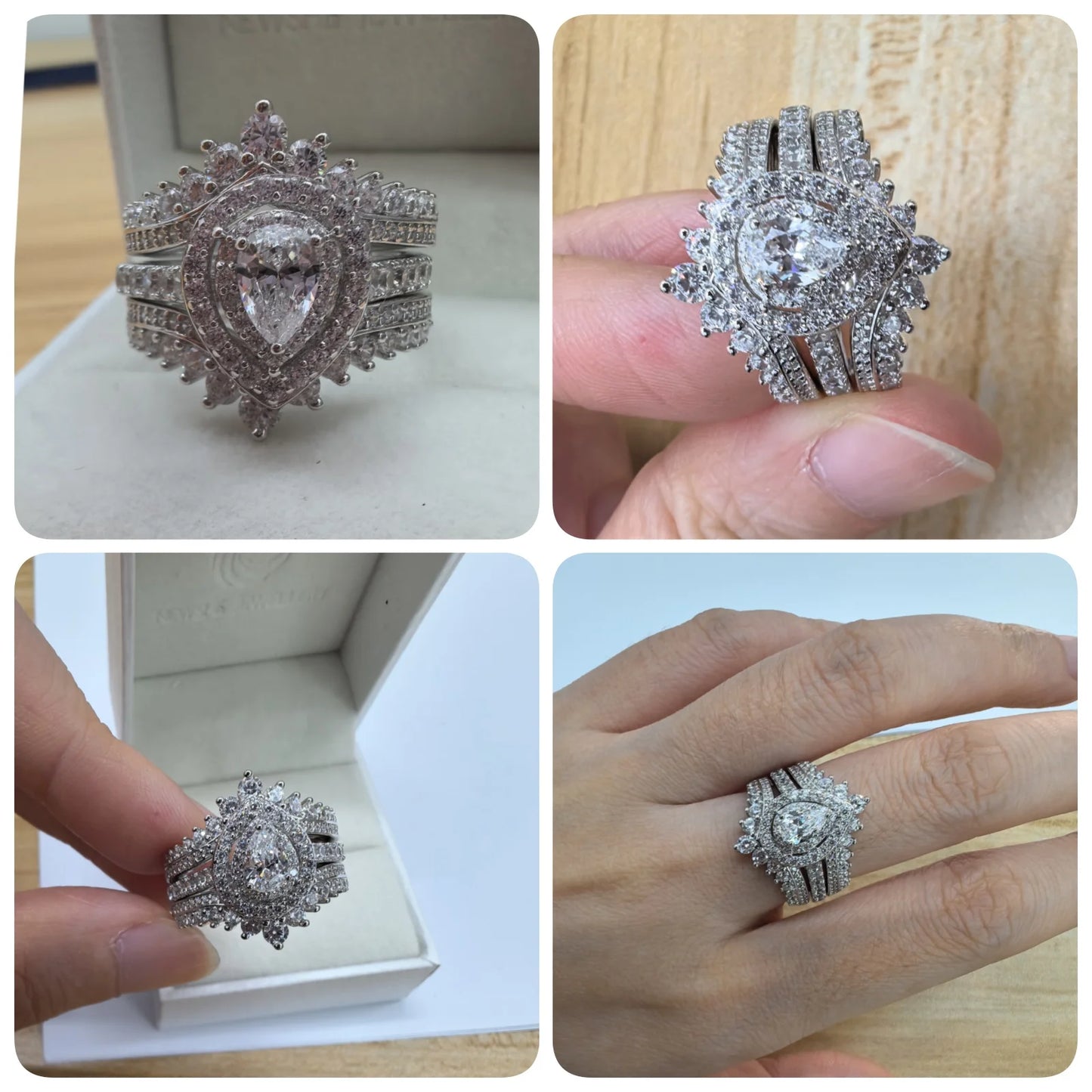 Newshe 2-teiliges Ehering-Set für Damen, 925er Sterlingsilber, kubische Zirkone, passende Brautbänder, stapelbare Ringe mit Samtbox