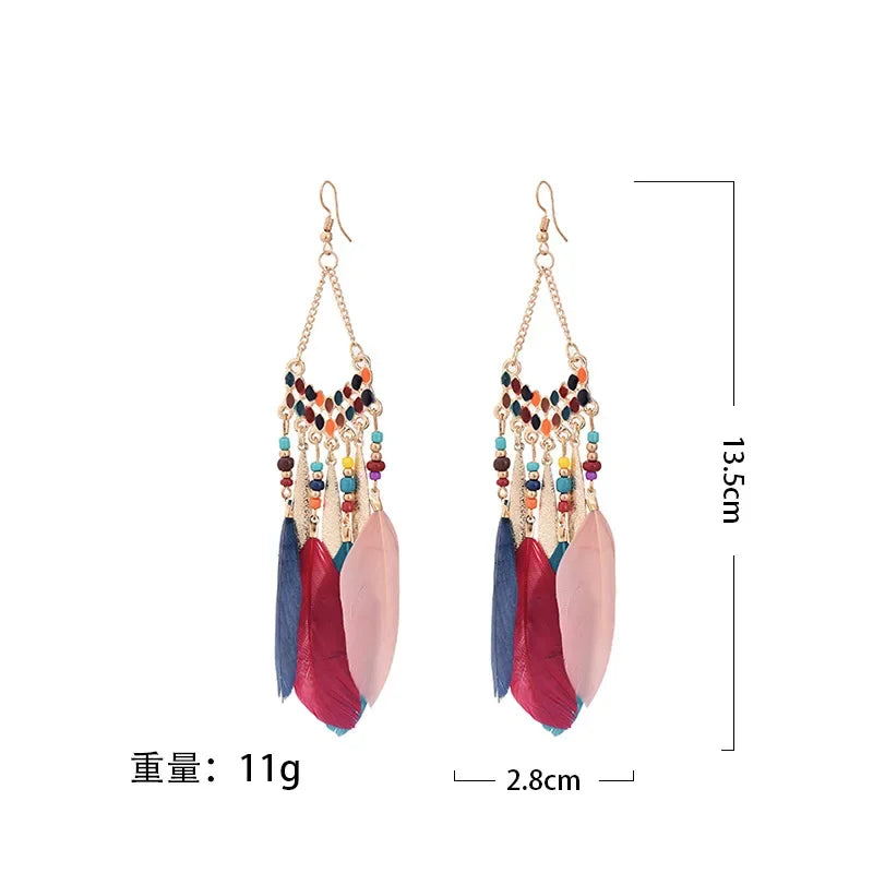 Bohemian Ethnische Feder Baumeln Ohrringe Für Frauen Trendy Lange Quaste Bunte Perlen Tropfen Ohrringe Mädchen Weibliche Boho Schmuck