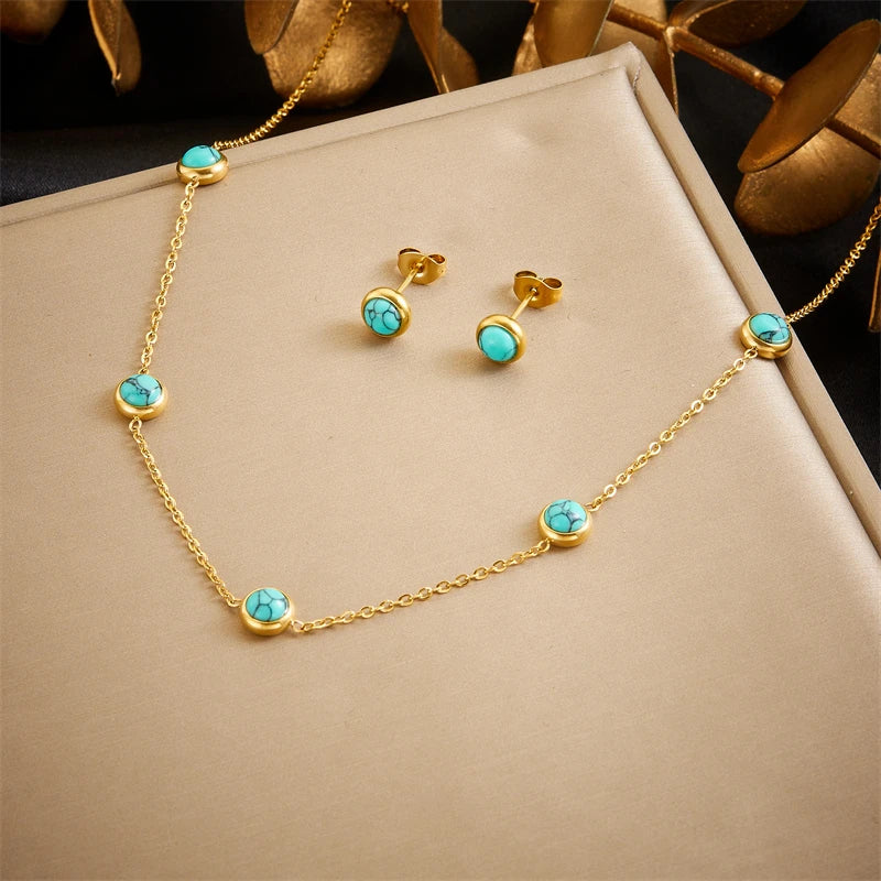 DIEYURO 316L Edelstahl Türkis Einfachheit Goldene Halskette Ohrringe Für Frauen 2024 Neue Mode Schmuck Set Party Geschenke