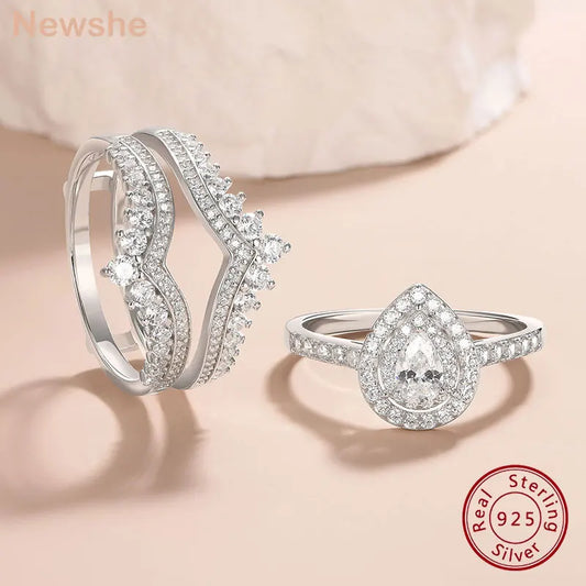 Newshe 2-teiliges Ehering-Set für Damen, 925er Sterlingsilber, kubische Zirkone, passende Brautbänder, stapelbare Ringe mit Samtbox