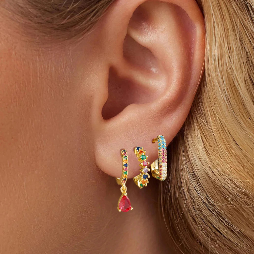 3PCS Mode Zirkonia Wasser Tropfen Anhänger Ohrring Set für Frauen Edelstahl Runde U-form Hoop Ohrring Piercing schmuck