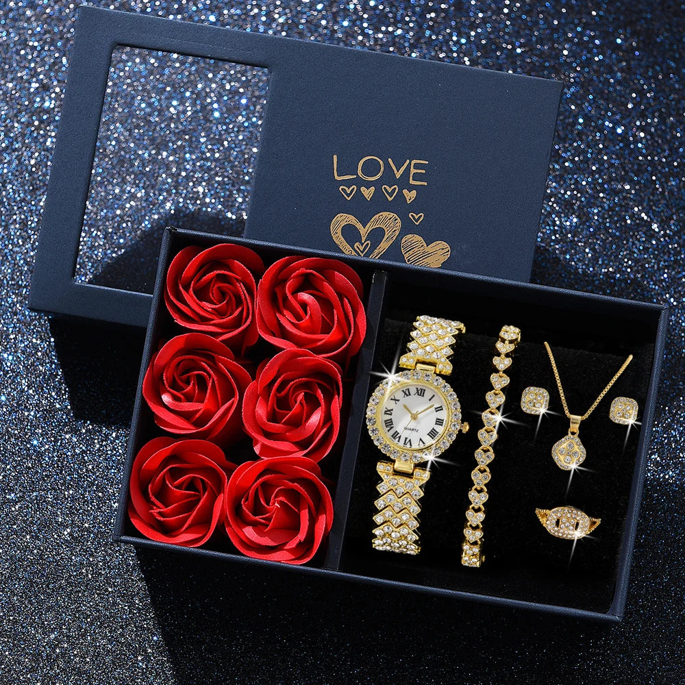 Mode Luxus Frauen Gold Uhr Armband Halskette 6Pcs Set Damen Diamant Quarz Armbanduhr Valentinstag Mutter der Tag geschenk