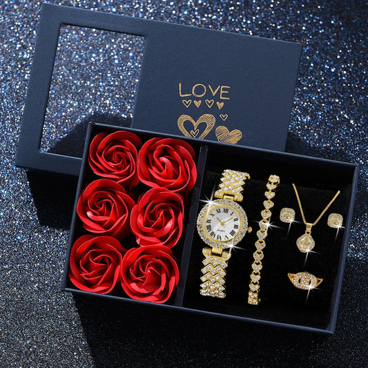 Mode Luxus Frauen Gold Uhr Armband Halskette 6Pcs Set Damen Diamant Quarz Armbanduhr Valentinstag Mutter der Tag geschenk