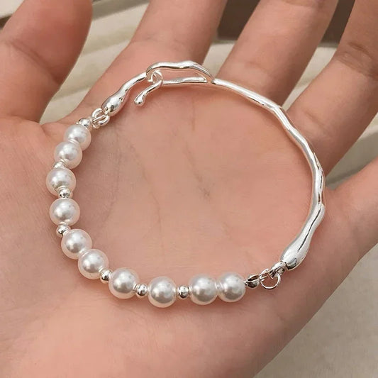 Runde Armreifen aus 925er-Sterlingsilber mit Perlenperlen für Damen, trendiger, minimalistischer, geometrischer, feiner Schmuck, unregelmäßige Accessoires