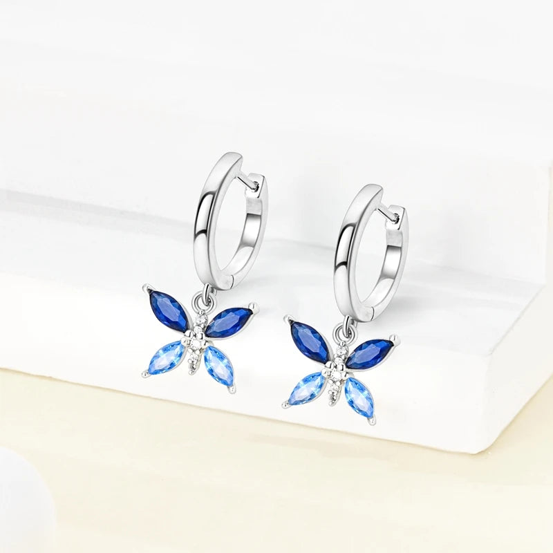 Original 925 Sterling Silber Blaue Zirkonium Schmetterling Ohrringe Farbige Creolen Frauen Weibliche Party Edlen Ohrring Schmuck