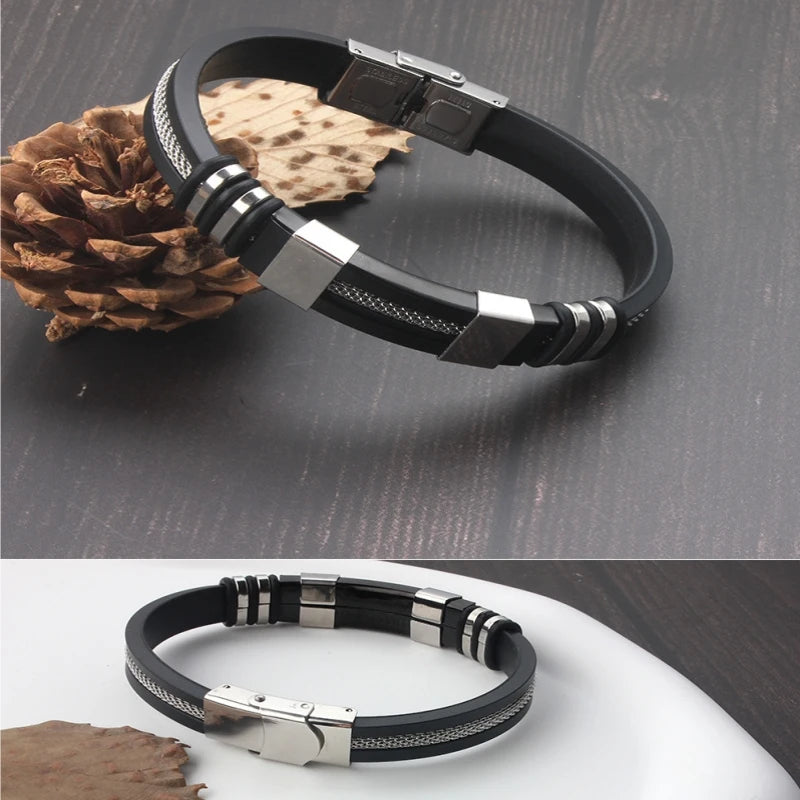 HNSP Edelstahl Silikon Leder Armband Für Männer Kabel Linie Hand Kette Punk Schmuck Zubehör Männlich Geschenk