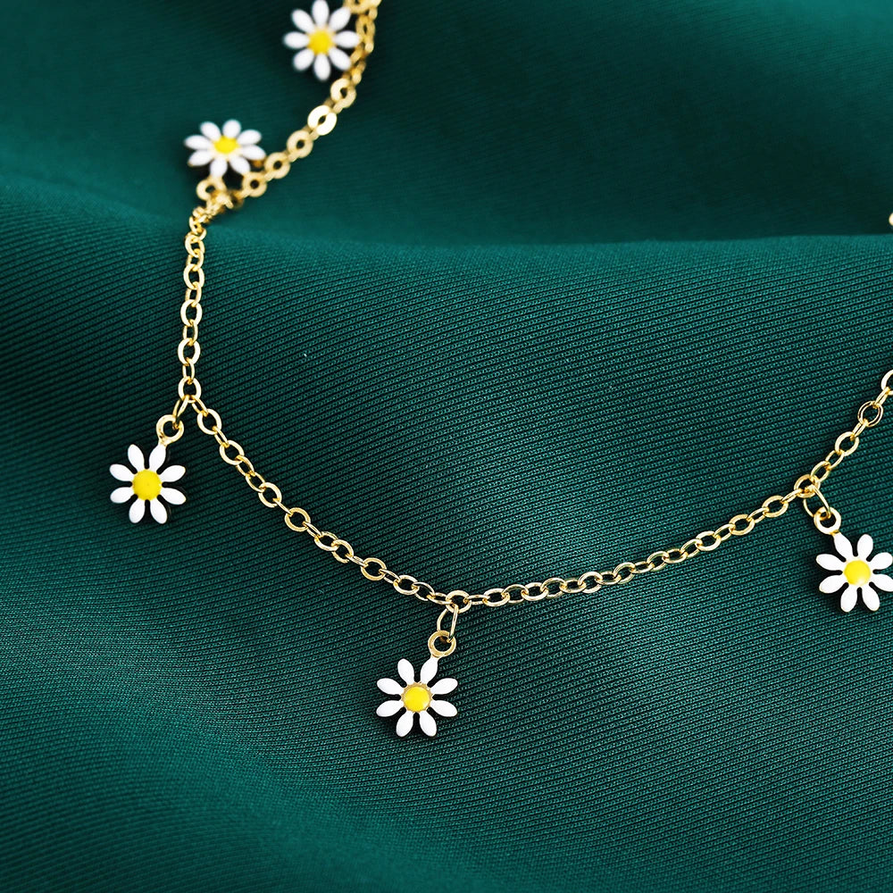 Elegante Daisy Blume Fußkettchen mit Handgemachte Perle Kette Fußkettchen für Frauen Sommer Strand Sandalen Zubehör Armband auf Die Bein