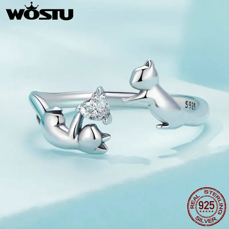 WOSTU 925 Sterling Silber Katze Haustier Einstellbare Ringe Für Frauen Tier Hund Offenen Ring Familie Tochter Geburtstag Schmuck Mädchen Geschenk