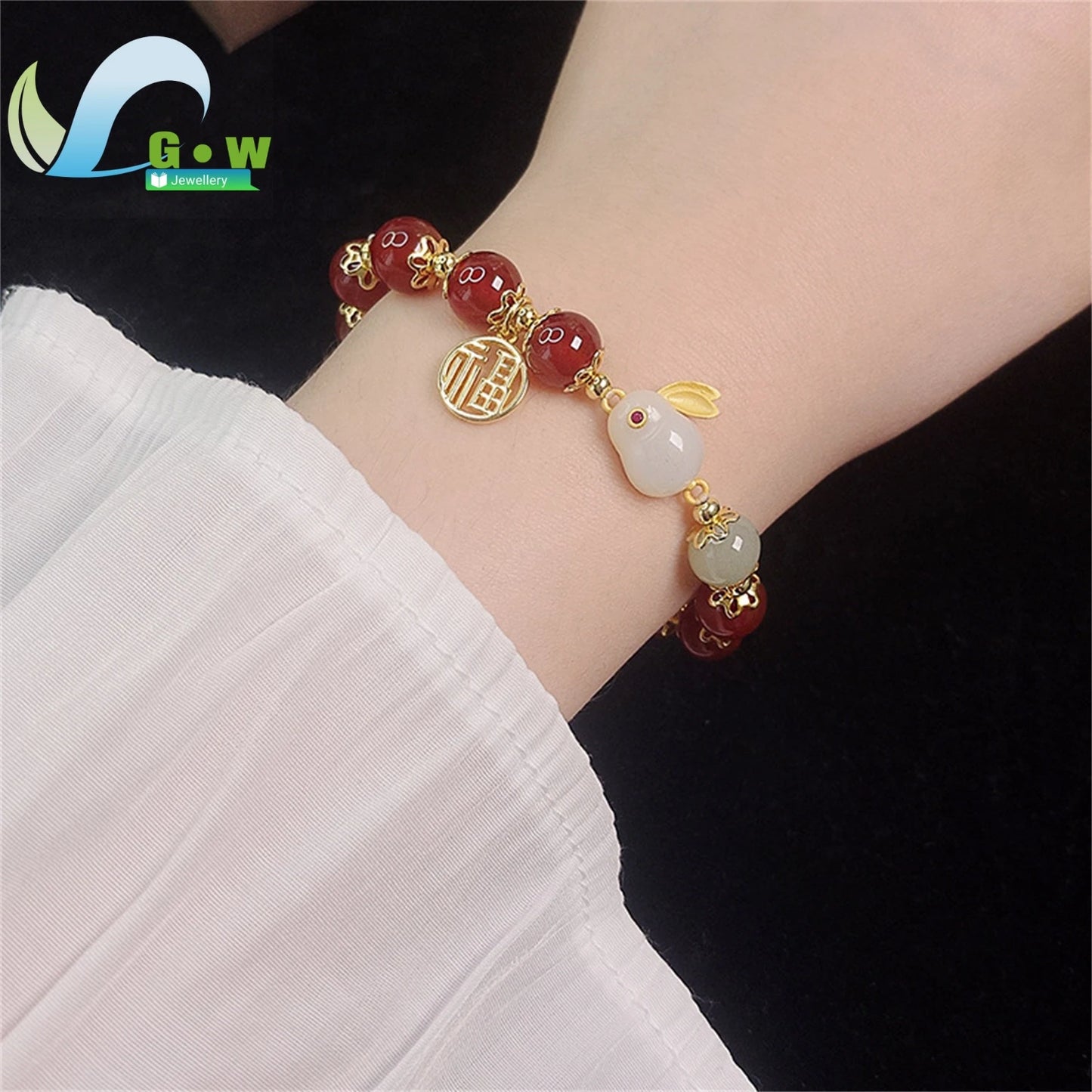 Segen Glückliches Paar Freundschaft Jade Kaninchen Armband Für Frauen Schmuck Dame Mama Geschenke Mode Naturstein Rot Runde 8mm Perle