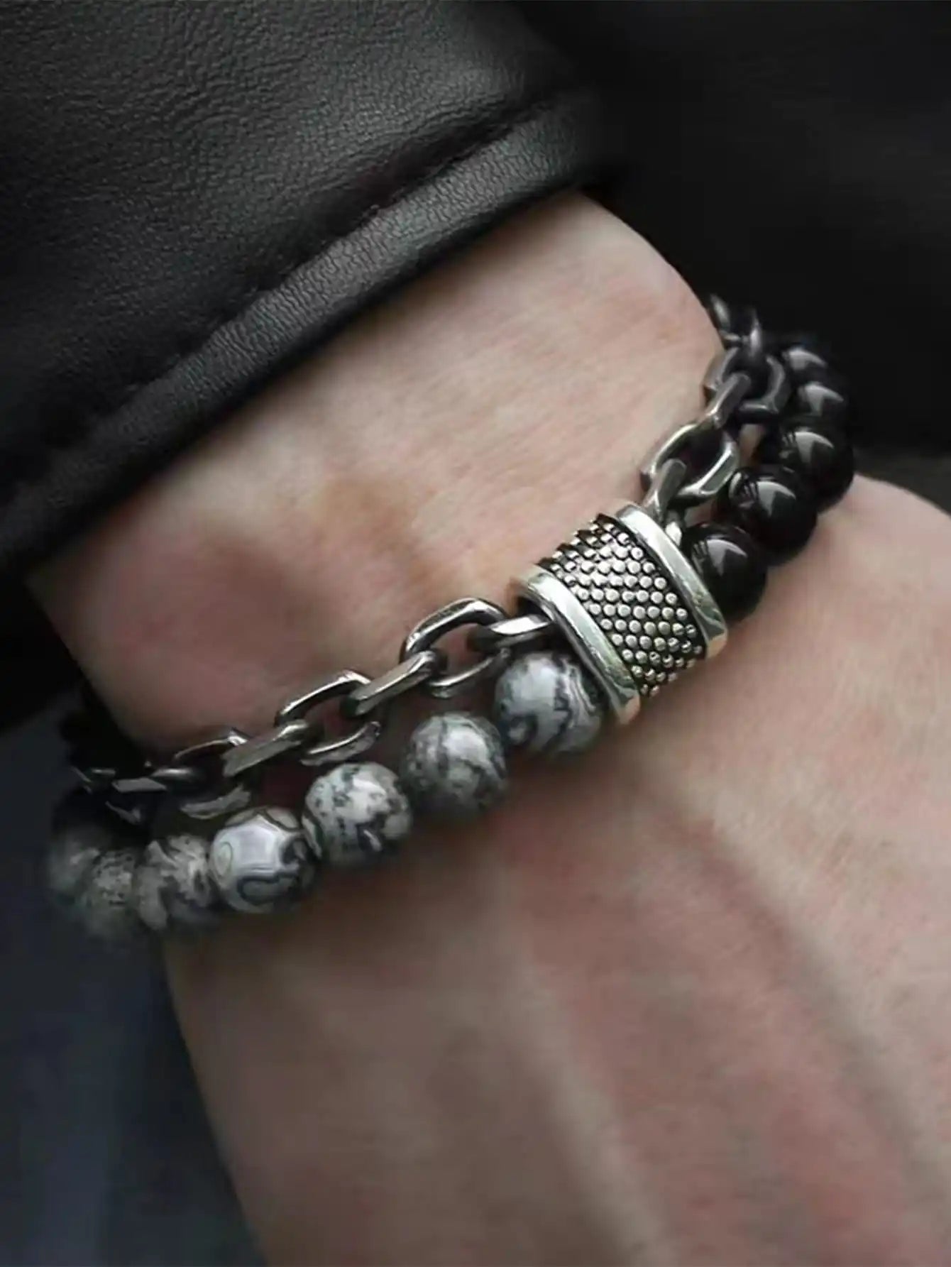 1-teilige Punk-Kette mit schlichtem Temperament, schwarze Perlenkette mit Naturstein-Perlenkette, Armbänder für Herren, modische Gegenstände, Urlaub, Reisen