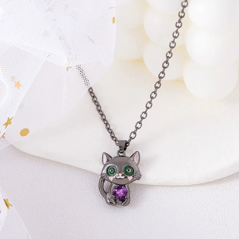 Cartoon Lila Herz Kristall Schwarze Katze Anhänger Halskette Für Frauen Männer Jungen Mädchen Schmuck Zubehör