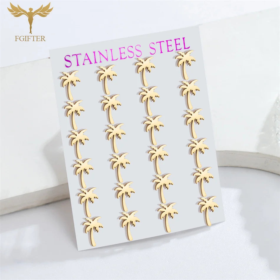 12-fache Kokosnussbaum-Pflanzen-Ohrringe für Damen und Herren, Sommerurlaub, Schmuck, goldenes Metall, Edelstahl, Piercing-Ohrstecker-Set