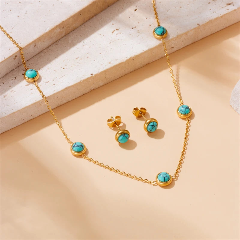 DIEYURO 316L Edelstahl Türkis Einfachheit Goldene Halskette Ohrringe Für Frauen 2024 Neue Mode Schmuck Set Party Geschenke