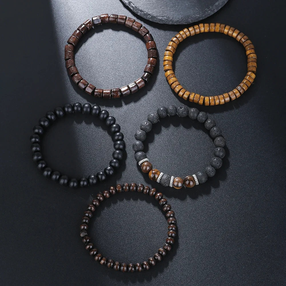 Meistverkaufte mehrschichtige Buddha-Holzperlen-Armbänder-Sets für Herren im Retro-Stil, mehrschichtiges, elastisches Faden, verstellbares Holzarmband