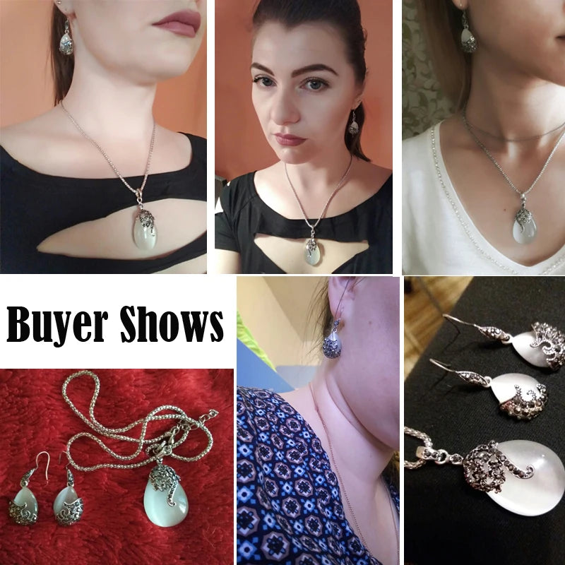 Vintage 925 Sterling Silber Schmuck Sets Für Frauen Mode Wasser Tropfen Form Cat Eye Stein Anhänger Halskette Ohrring Set