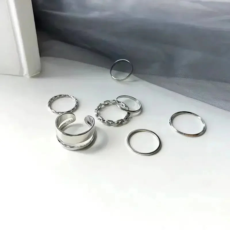 7Pcs Punk Einfache Ringe Set Silber Farbe Geometrische Hohl Breiten Ring Set frauen Vintage Joint Hiphop Finger Ringe schmuck Geschenke