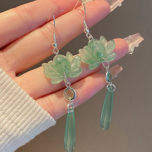 1 Paar Lotus Anhänger Quaste Ohrringe im chinesischen Stil für Frauen Mädchen klassische Retro elegante lange Tropfen Ohrringe Schmuck Geschenke