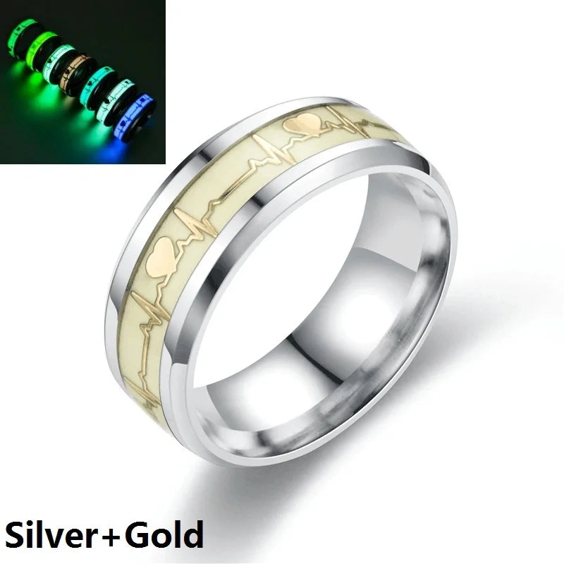 Leuchtende Edelstahl-Liebesherz-Paarringe, die im Dunkeln leuchten, fluoreszierende Anillos, Ehering, Fingerringe, Zubehör