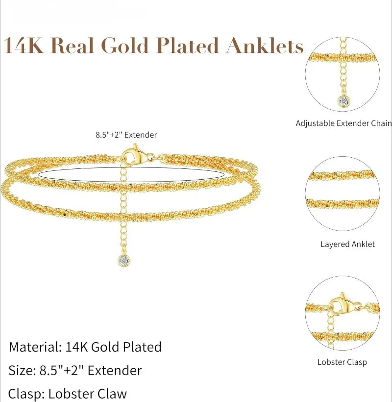 Knöchelarmbänder für Damen und Mädchen, glitzernd, wasserdicht, verstellbar, 14 Karat vergoldet/Sterlingsilber, geschichtete Fußkettchen, Strand-Fußschmuck