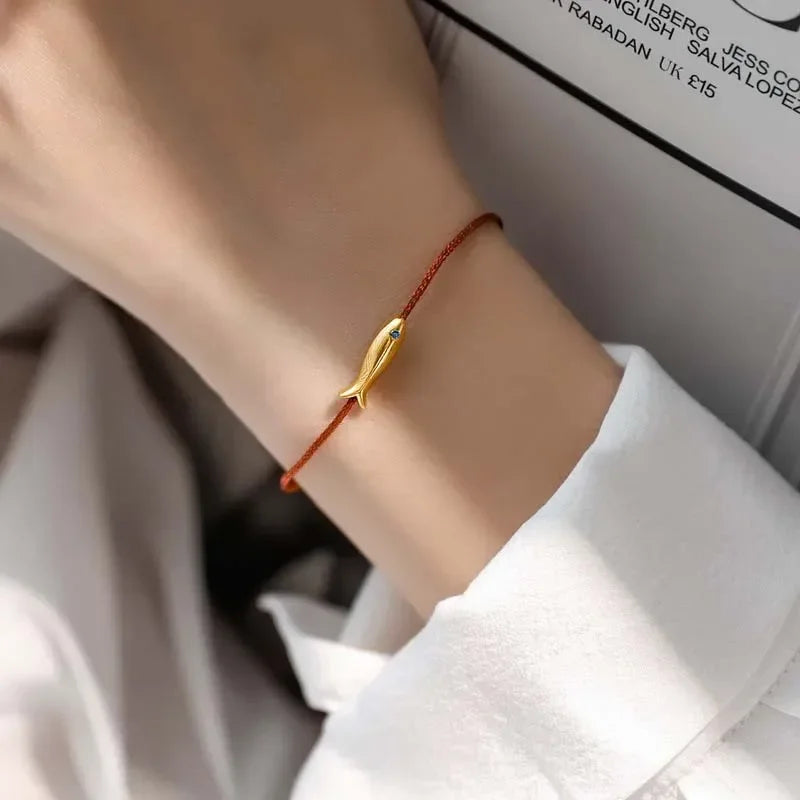 Modisches süßes blaues Schnur-Fisch-Armband für Frauen, böhmisches Metalltier, handgefertigt, rotes Seil, verstellbares Armband, Schmuck, Geschenke