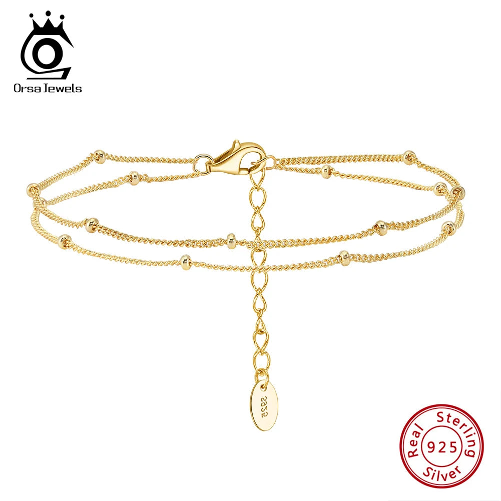 ORSA JEWELS Trendiges Doppelschichten-Armband mit kleinen runden Perlen, Damen-Handarmband, 925er Silberkette, einfaches Kugelarmband SB198
