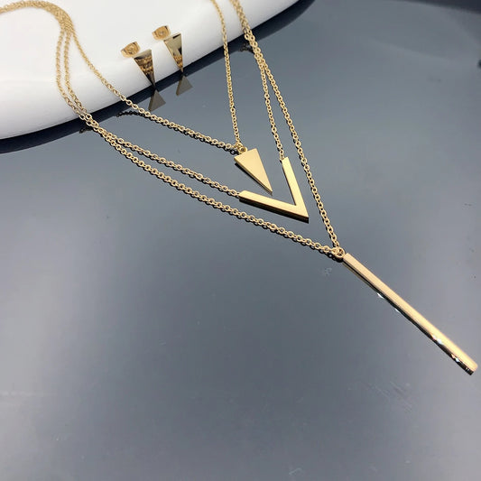 3-teiliges Set für Damen, Edelstahl, V-förmiger geometrischer Anhänger, mehrschichtige Halskette, Ohrringe, Geburtstag, Weihnachten, Geschenk