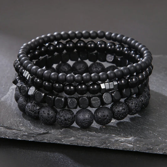 4 Teile/satz Schwarz Gall Stein Vulkanstein Holz Perlen Multi-schicht männer Kombination Elastische Armband Für Paar Freunde schmuck