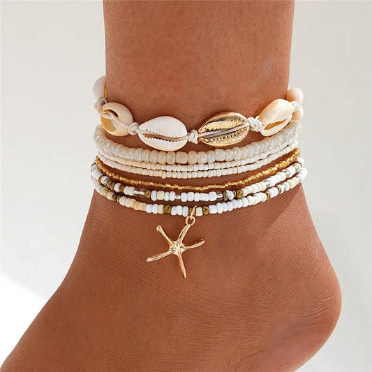 Fußkettchen-Set mit Seestern-Perlen, Perlenkette für Damen, Charm, Fußkettchen am Bein, handgefertigter Schmuck, Geschenke, Sommer, Strand, Mode